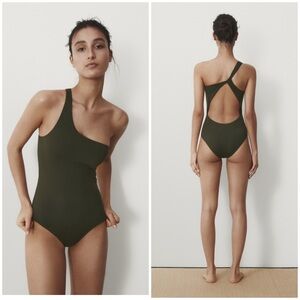 Massimo Dutti Olive Green One Shoulder Asymmetric One Piece Swimsuit XS